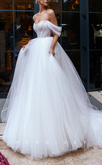 H1407 - Sexy Tulle A-Line Off-Shoulder Empire Beaded With Tulle Train Wedding Dress