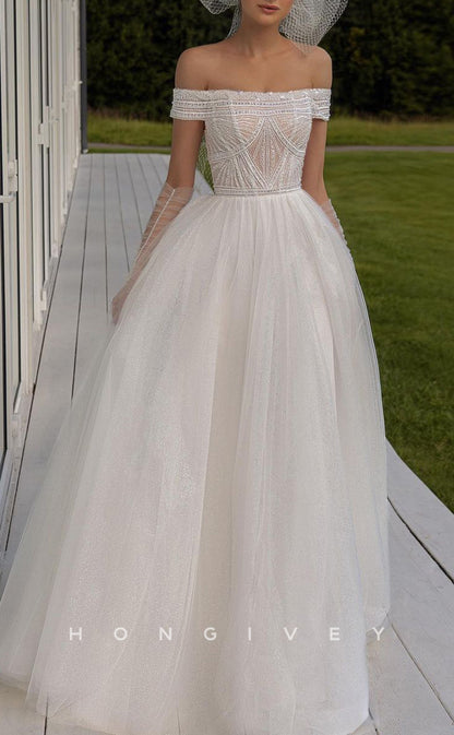 H1408 - Sexy Tulle Glitter A-Line Off-Shoulder Empire Illusion Beaded With Train Wedding Dress