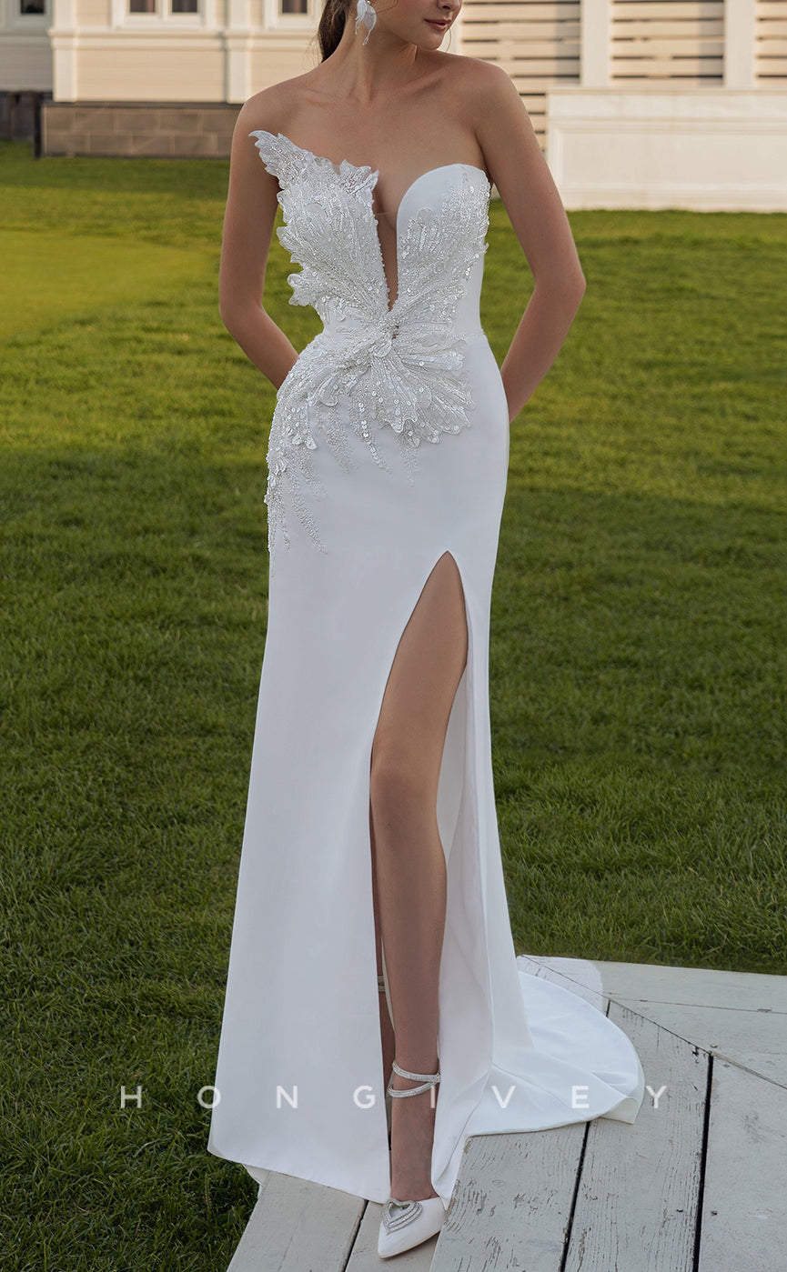 H1413 - Sexy Satin Fitted Asymmetrical Strapless Empire Sequined With Side Slit Train Beach Wedding Dress