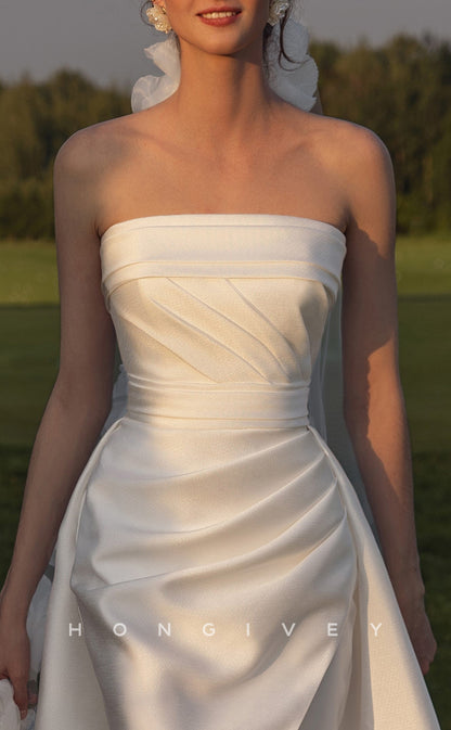 H1414 - Sexy Satin Fitted Strapless Sleeveless Empire Ruched With Overskirt Train Wedding Dress