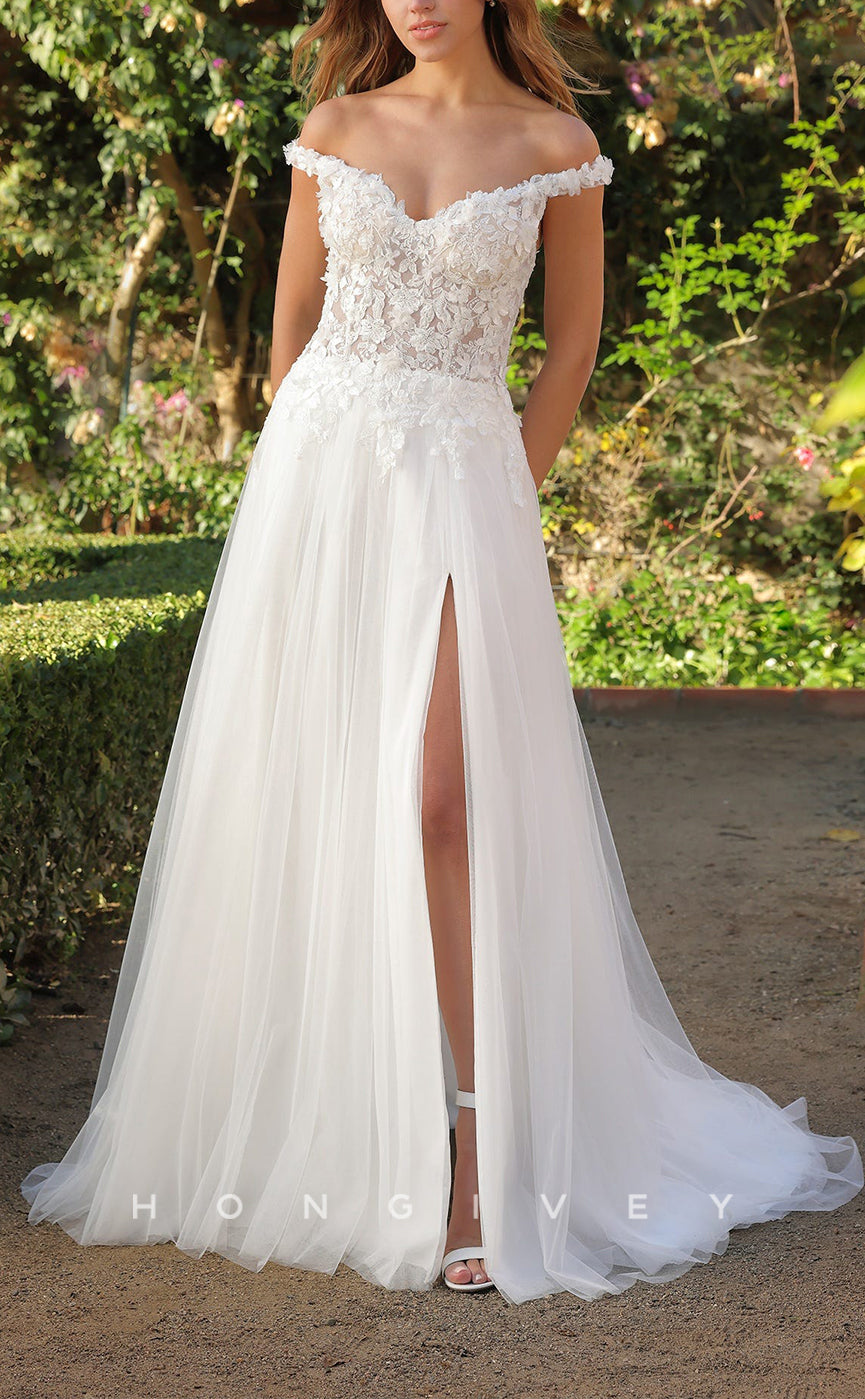 H1421 - Sexy Tulle A-Line Off-Shoulder Empire Illusion Appliques With Side Slit Train Wedding Dress