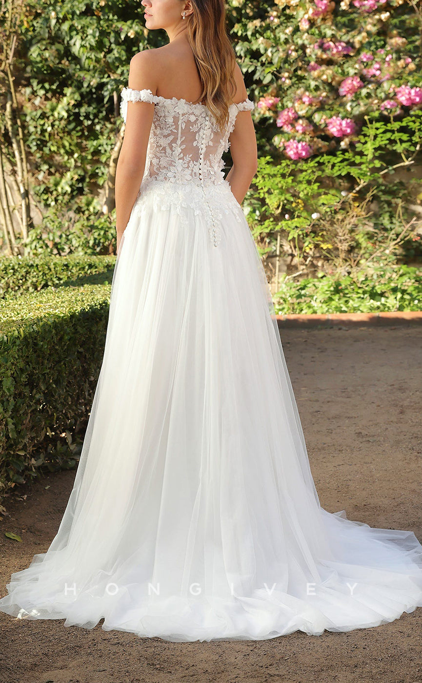 H1421 - Sexy Tulle A-Line Off-Shoulder Empire Illusion Appliques With Side Slit Train Wedding Dress