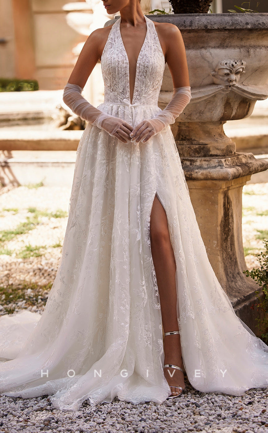 H1423 - Sexy Satin A-Line V-Neck Halter Empire Appliques Sequined Beaded With Side Slit Train Wedding Dress