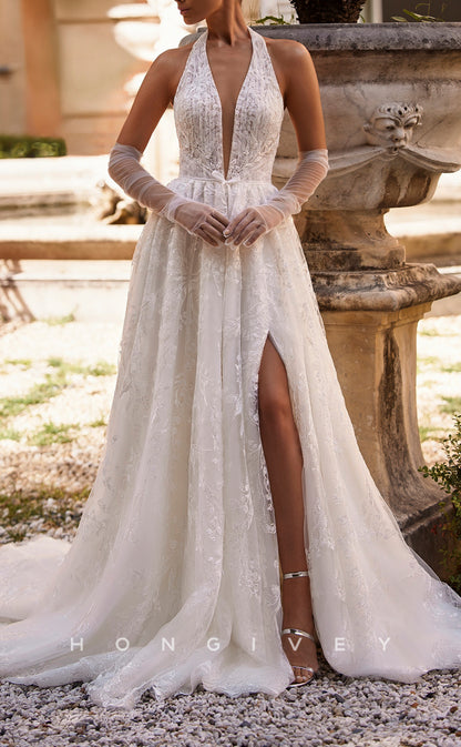 H1423 - Sexy Satin A-Line V-Neck Halter Empire Appliques Sequined Beaded With Side Slit Train Wedding Dress