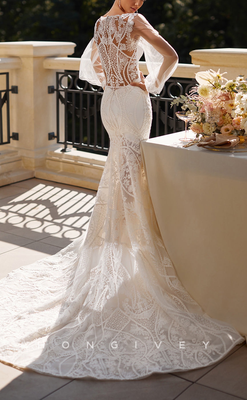 H1425 - Sexy Lace Trumpet Square Long Sleeve Appliques Illusion With Train Boho Wedding Dress