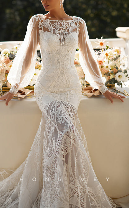 H1425 - Sexy Lace Trumpet Square Long Sleeve Appliques Illusion With Train Boho Wedding Dress