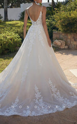 H1426 - Sexy Tulle A-Line V-Neck Spaghetti Straps Empire Lace Appliques With Train Wedding Dress