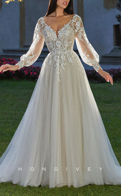 H1427 - Sexy Tulle Glitter A-Line V-Neck Lace Long Sleeves Empire Appliques With Train Wedding Dress