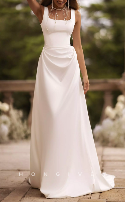 H1428 - Sexy Satin A-Line Square Straps Empire Ruched With Train Wedding Dress