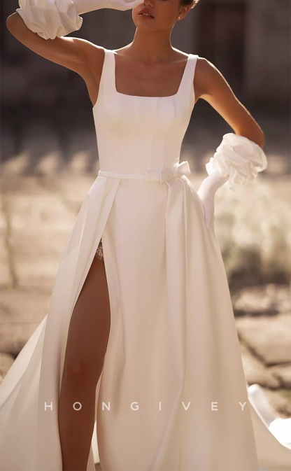 H1429 - Sexy Satin A-Line Square Straps Empire Bowknot Belt With Side Slit Train Wedding Dress