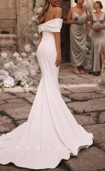H1430 - Sexy Satin Trumpet Asymmetrical Off-Shoulder Empire Pleats With Side Slit Train Wedding Dress