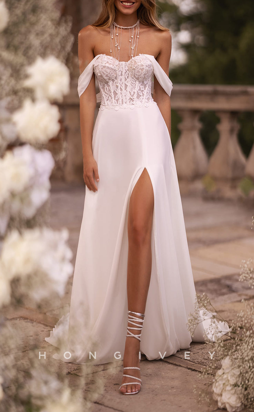 H1432 - Sexy Satin A-Line Off-Shoulder Empire Illusion Lace Appliques With Side Slit Wedding Dress