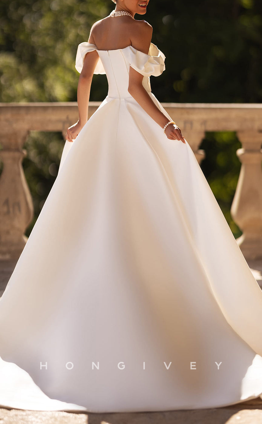 H1433 - Sexy Satin A-Line Off-Shoulder Empire Ruched With Side Slit Train Wedding Dress