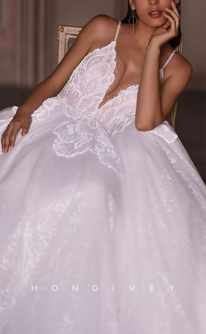 H1434 - Sexy Glitter Tulle A-Line V-Neck Spaghetti Straps Empire Beaded Appliques With Train Wedding Dress
