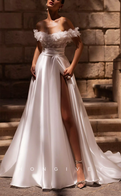 H1435 - Sexy Satin A-Line Off-Shoulder Empire Ruched Floral Embossed With Side Slit Wedding Dress