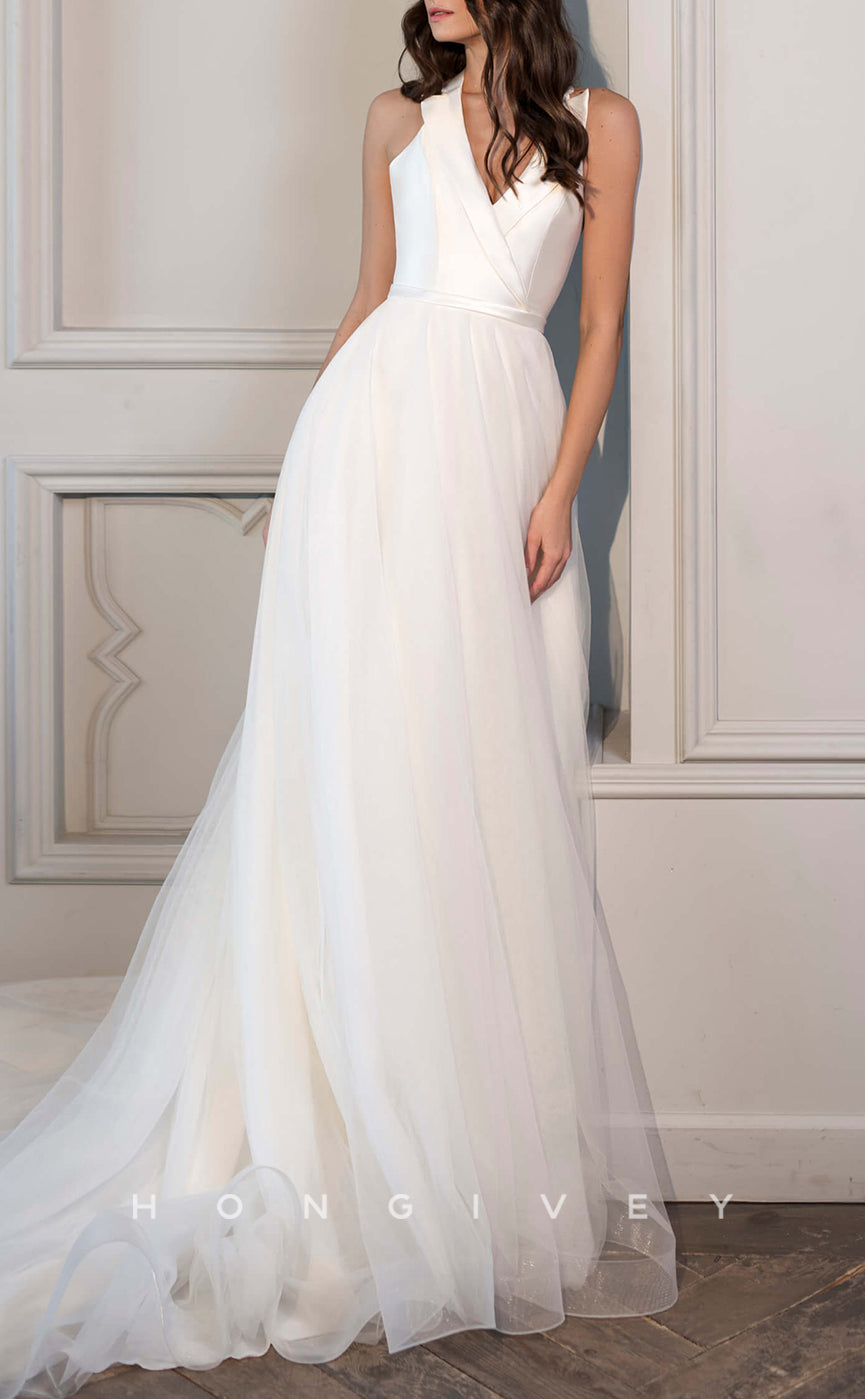 H1438 - Sexy A-Line V-Neck Halter Empire Two Tone Belt With Tulle Train Wedding Dress