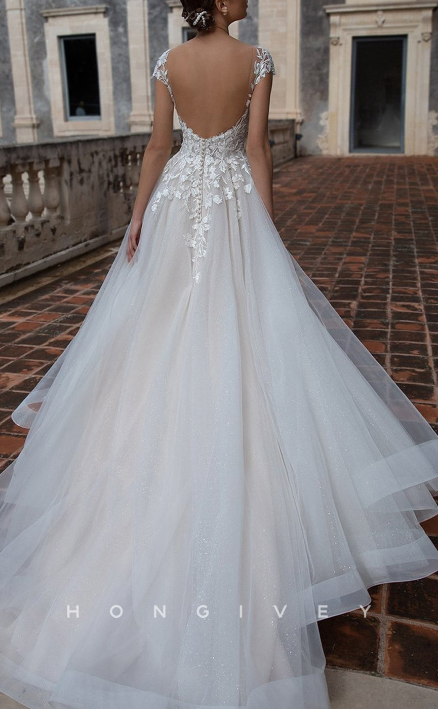 H1439 - Sexy Tulle Glitter A-Line Sweetheart Cap Sleeves Empire Appliques With Tulle Train Wedding Dress