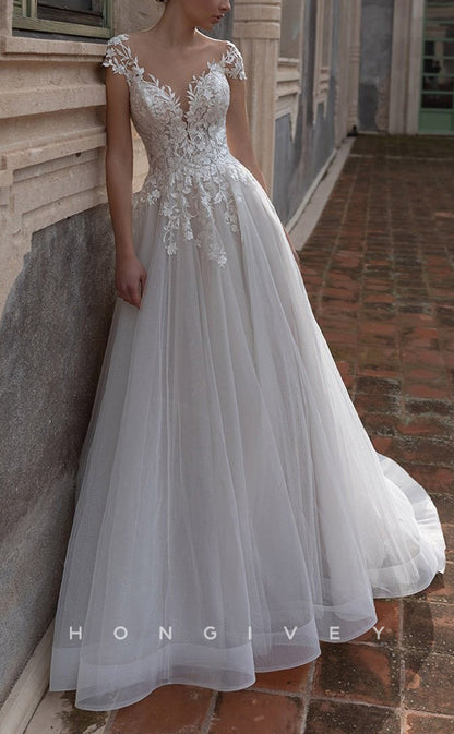H1439 - Sexy Tulle Glitter A-Line Sweetheart Cap Sleeves Empire Appliques With Tulle Train Wedding Dress