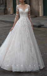 H1440 - Sexy Satin A-Line Sweetheart Lace Long Sleeve Empire Appliques With Train Wedding Dress