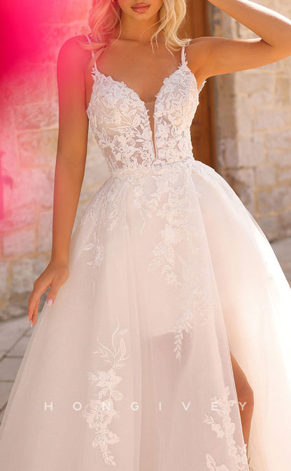 H1441 - Sexy  Tulle A-Line Sweetheart Spaghetti Straps Empire Appliques With Side Slit Train Wedding Dress