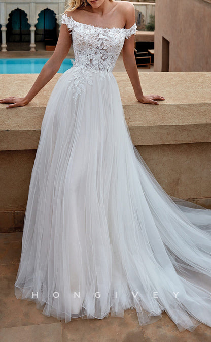 H1443 - Sexy Tulle A-Line Off-Shoulder Empire Illusion Appliques With Tulle Train Beach Wedding Dress
