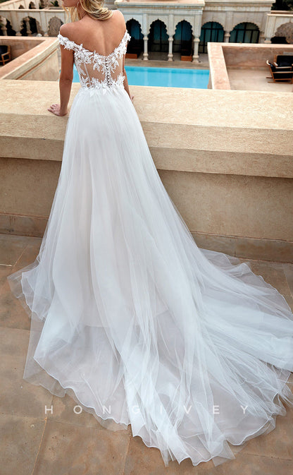 H1443 - Sexy Tulle A-Line Off-Shoulder Empire Illusion Appliques With Tulle Train Beach Wedding Dress