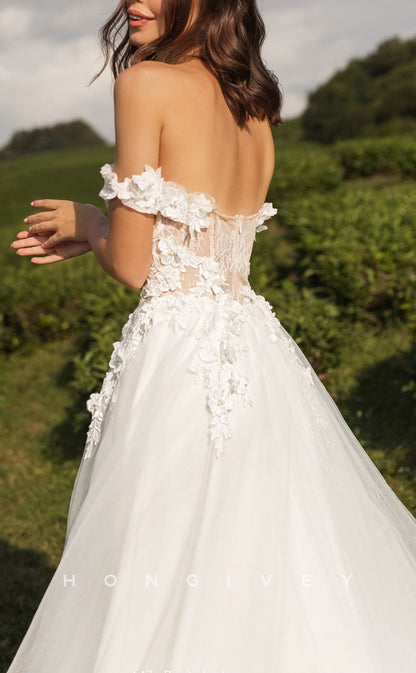 H1444 - Sexy Tulle A-Line Sweetheart Off-Shoulder Empire Illusion Appliques Pearls With Train Wedding Dress