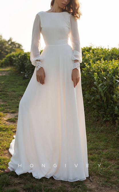 H1446 - Sexy Satin A-Line Round Empire Long Sleeve With Train Boho Wedding Dress
