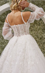 H1448 - Sexy Satin A-Line Sweetheart Long Sleeve Empire Beaded Appliques With Train Wedding Dress