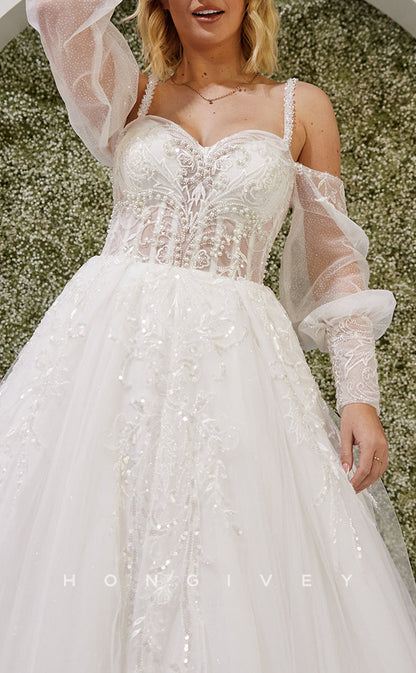 H1448 - Sexy Satin A-Line Sweetheart Long Sleeve Empire Beaded Appliques With Train Wedding Dress