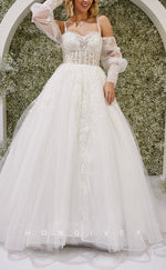 H1448 - Sexy Satin A-Line Sweetheart Long Sleeve Empire Beaded Appliques With Train Wedding Dress