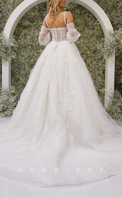 H1448 - Sexy Satin A-Line Sweetheart Long Sleeve Empire Beaded Appliques With Train Wedding Dress