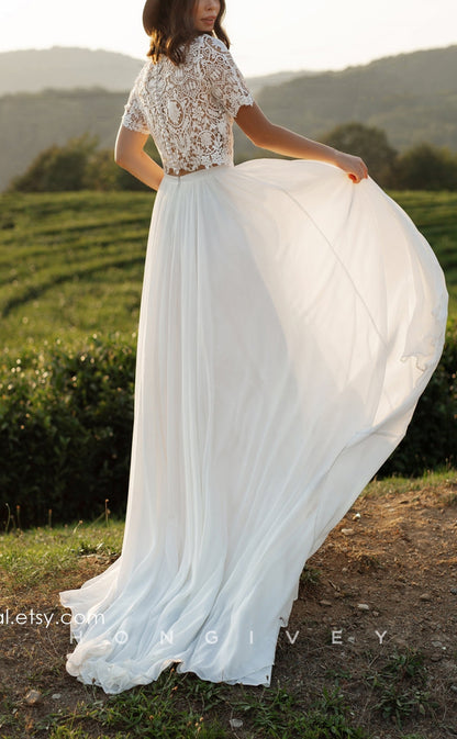 H1450 - Sexy Satin A-Line High Neck Short Sleeves Empire Illusion With Side Slit Train Boho Wedding Dress