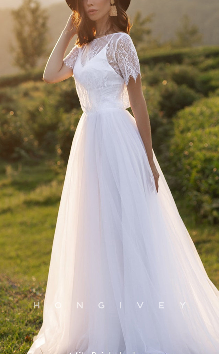 H1451 - Sexy Satin A-Line Round Empire Short Sleeves Lace With Train Boho Wedding Dress