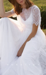 H1451 - Sexy Satin A-Line Round Empire Short Sleeves Lace With Train Boho Wedding Dress