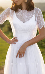 H1451 - Sexy Satin A-Line Round Empire Short Sleeves Lace With Train Boho Wedding Dress