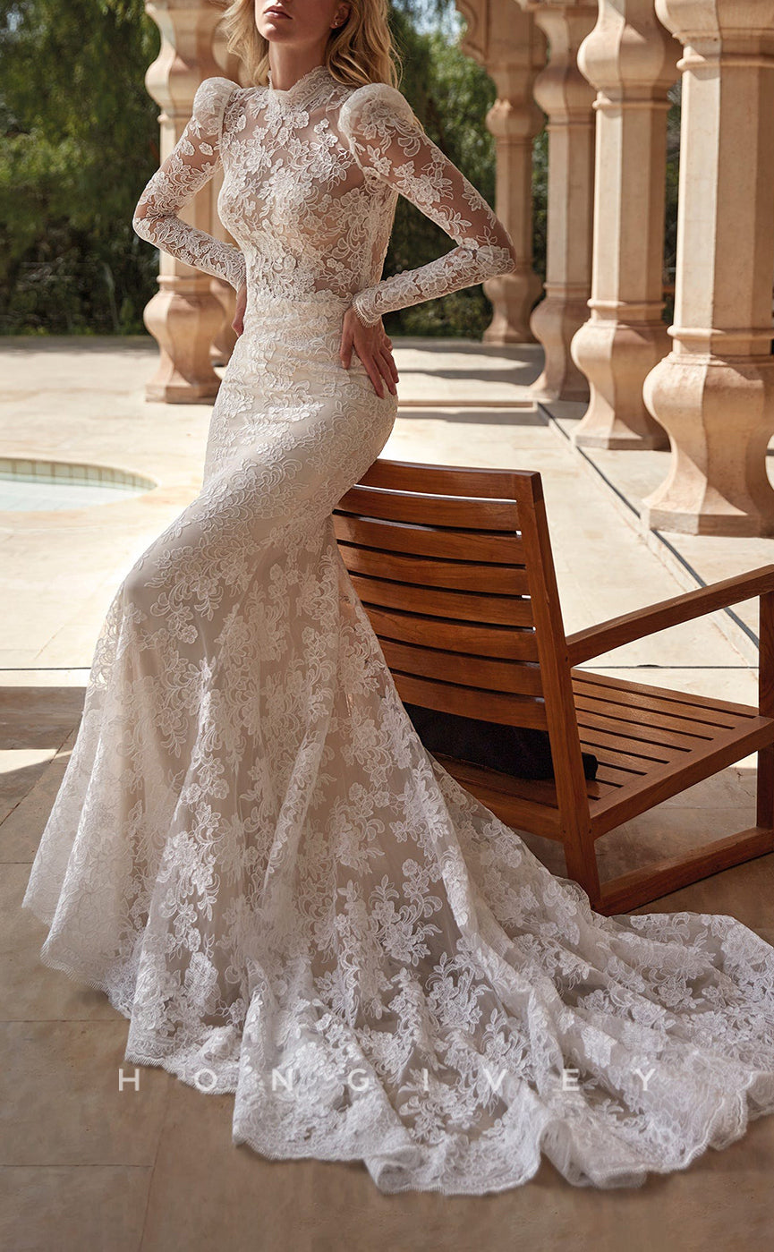 H1452 - Sexy Trumpet Lace High Neck Long Sleeves Empire Illusion Appliques With Train Wedding Dress