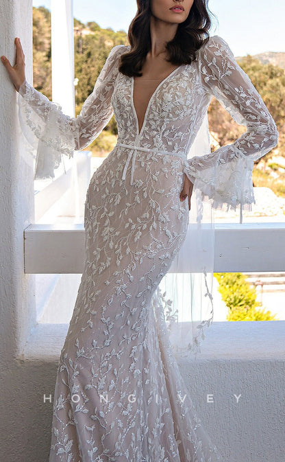 H1453 - Sexy Satin Trumpet V-Neck Long Bell Sleeves Empire Appliques With Train Wedding Dress