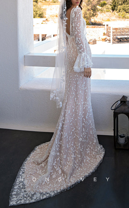 H1453 - Sexy Satin Trumpet V-Neck Long Bell Sleeves Empire Appliques With Train Wedding Dress