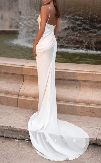 H1454 - Sexy Satin A-Line V-Neck Spaghetti Straps Empire Ruched Bead-Fringed With Side Slit Train Wedding Dress