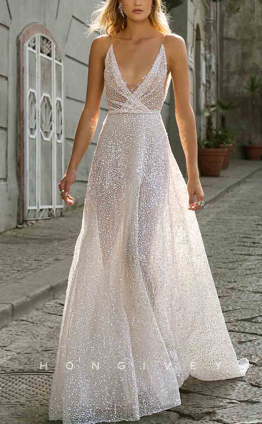 H1456 - Sexy Glitter A-Line V-Neck Spaghetti Straps Sequined Empire Ruched With Train Wedding Dress