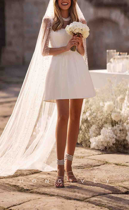 H1457 - Sexy Satin A-Line Square Straps Empire Lace Long Sleeve Short Wedding Dress