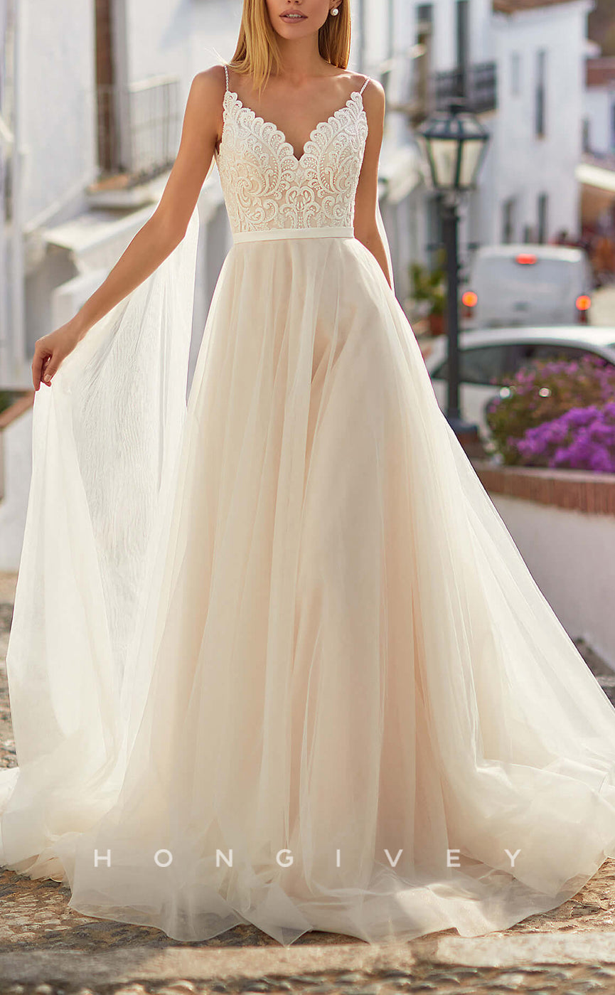 H1458 - Sexy Tulle A-Line V-Neck Spaghetti Straps Empire Appliques With Tulle Train Wedding Dress