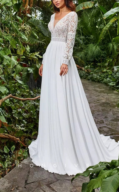 H1459 - Sexy Satin A-Line Scoop Empire Long Sleeve Illusion With Train Boho Wedding Dress