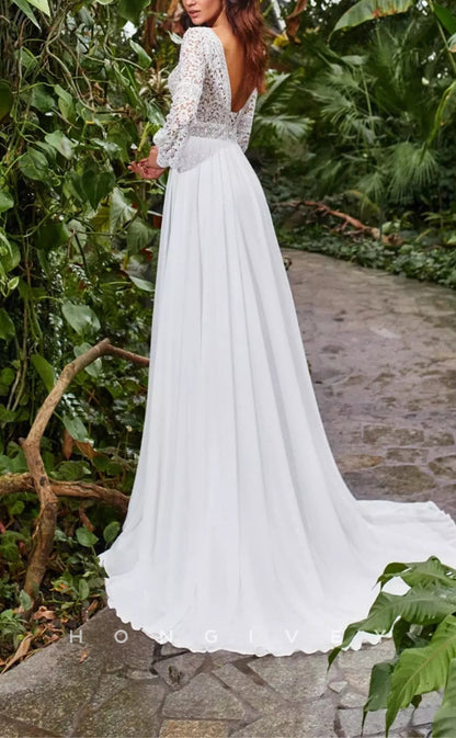 H1459 - Sexy Satin A-Line Scoop Empire Long Sleeve Illusion With Train Boho Wedding Dress