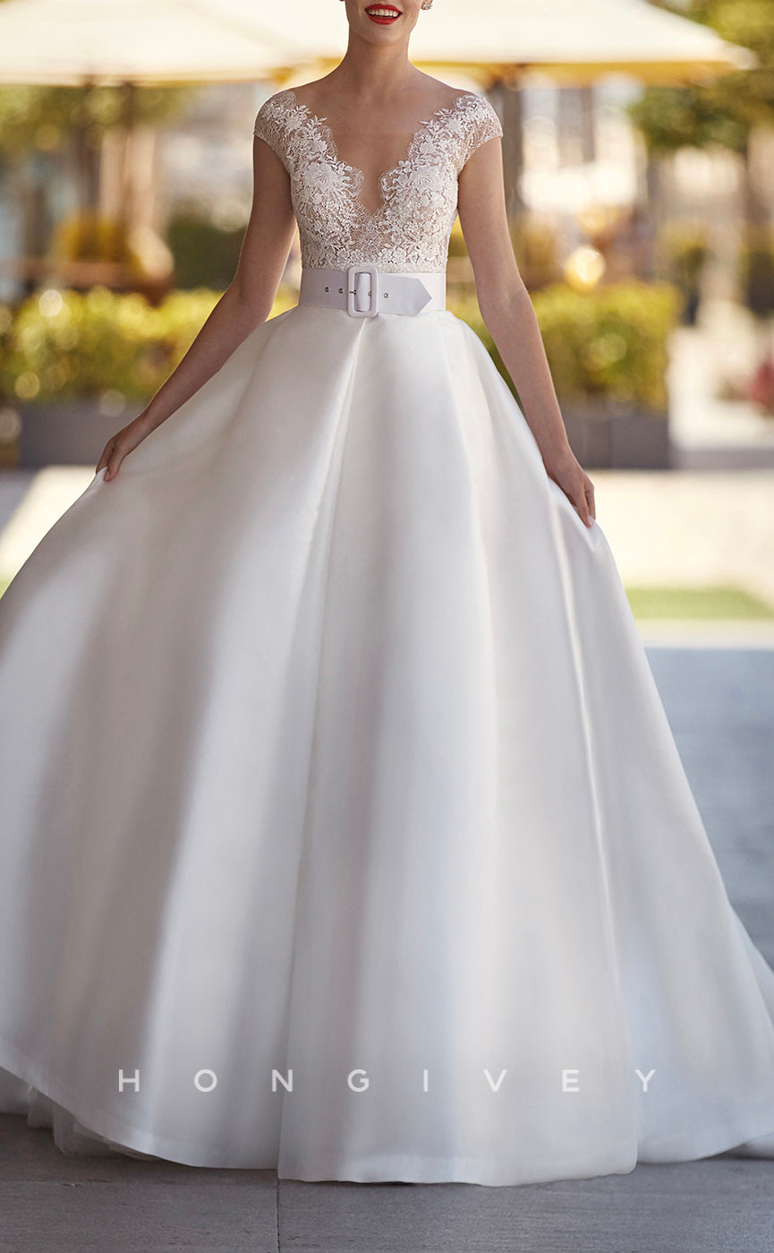 H1461 - Sexy Satin A-Line V-Neck Cap Sleeve Empire Belt Appliques With Train Wedding Dress