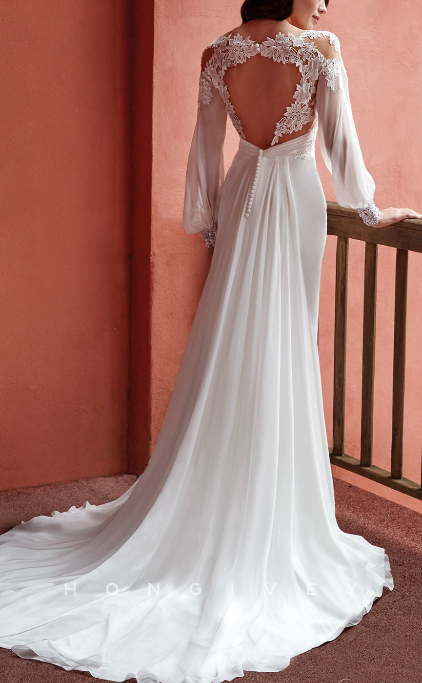 H1464 - Sexy Satin Trumpet Illusion Scoop Empire Ruched Long Sleeve Appliques With Train Boho Wedding Dress