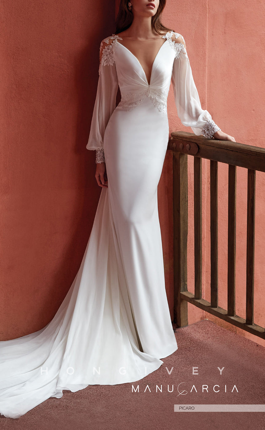 H1464 - Sexy Satin Trumpet Illusion Scoop Empire Ruched Long Sleeve Appliques With Train Boho Wedding Dress