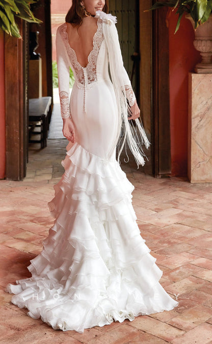 H1466 - Sexy Satin Trumpet V-Neck Empire Long Sleeve Appliques Tiered Train  Wedding Dress