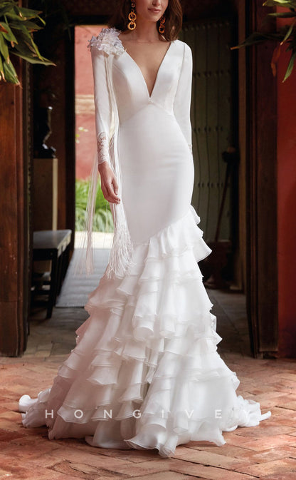 H1466 - Sexy Satin Trumpet V-Neck Empire Long Sleeve Appliques Tiered Train  Wedding Dress